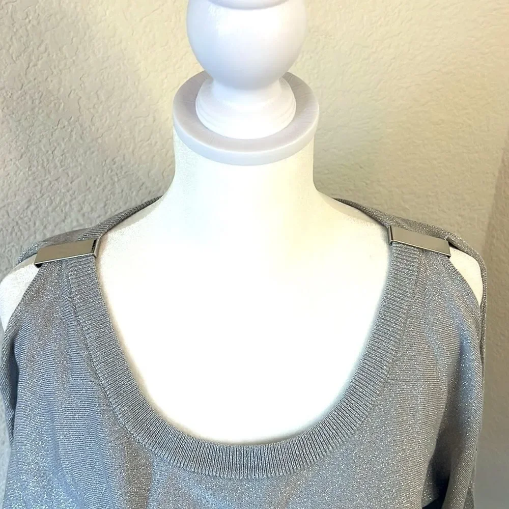 7th Avenue Design Studio Long Sleeve Cold Shoulder Silver Glitter Sweater ~ M